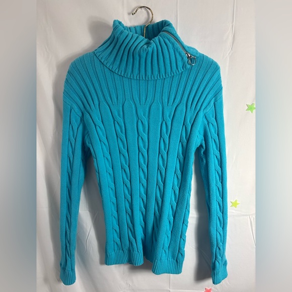 Talbots Sweaters - Y2K Wool Blend Cable Knit Turquoise Turtleneck with Silver Zipper Size M